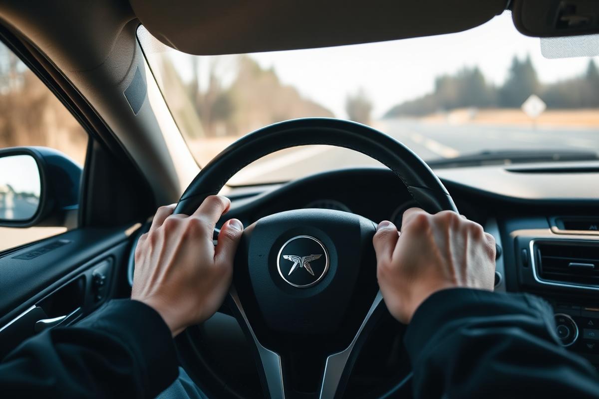 Mains d'un élève sur le volant pendant une leçon
