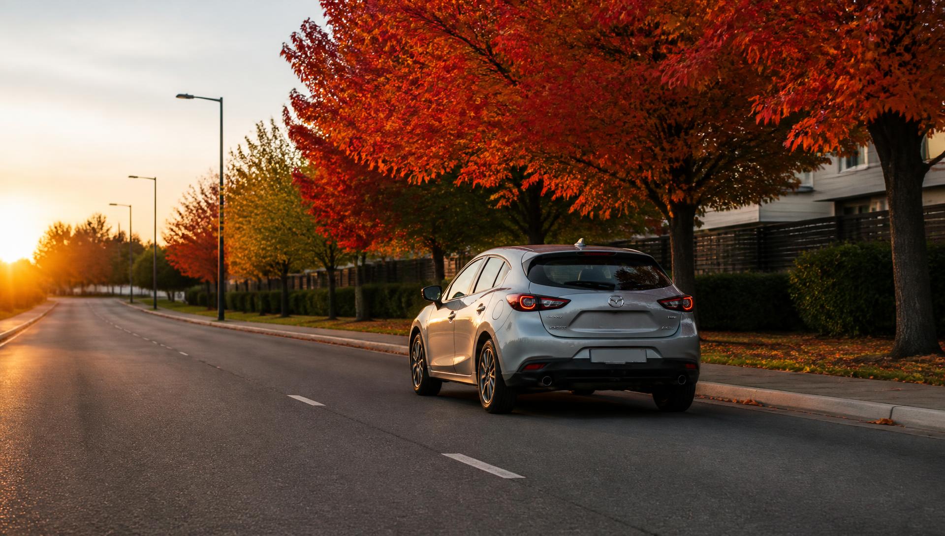 Voiture roulant sur un boulevard bordé d'érables au coucher du soleil